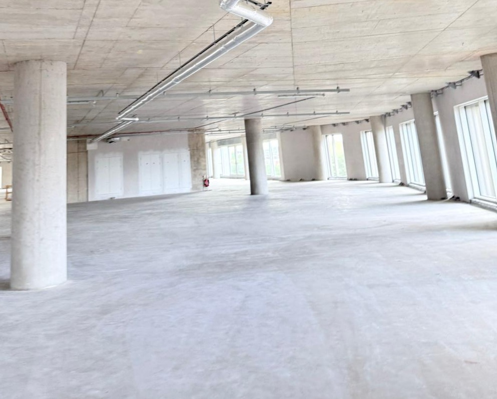 Real site photograph of a bare floor with round concrete columns and a continuous line of windows